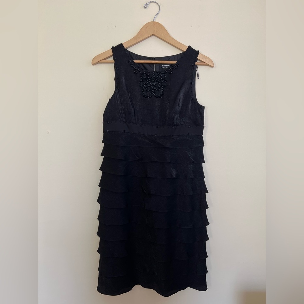 Adrianna Papell Womens Midi Tiered Cocktail Dress sz 10 Black Homo Occasion Date